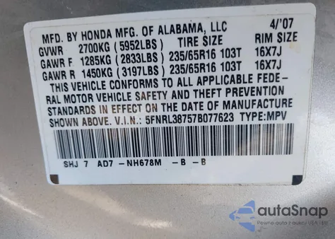 2007 Honda Odyssey Ex-L z USA, uszkodzony, nr VIN 5FNRL38757B077623